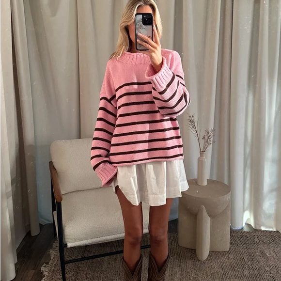 Striped Pink & Brown Rollneck Sweater - Picture 3 of 4